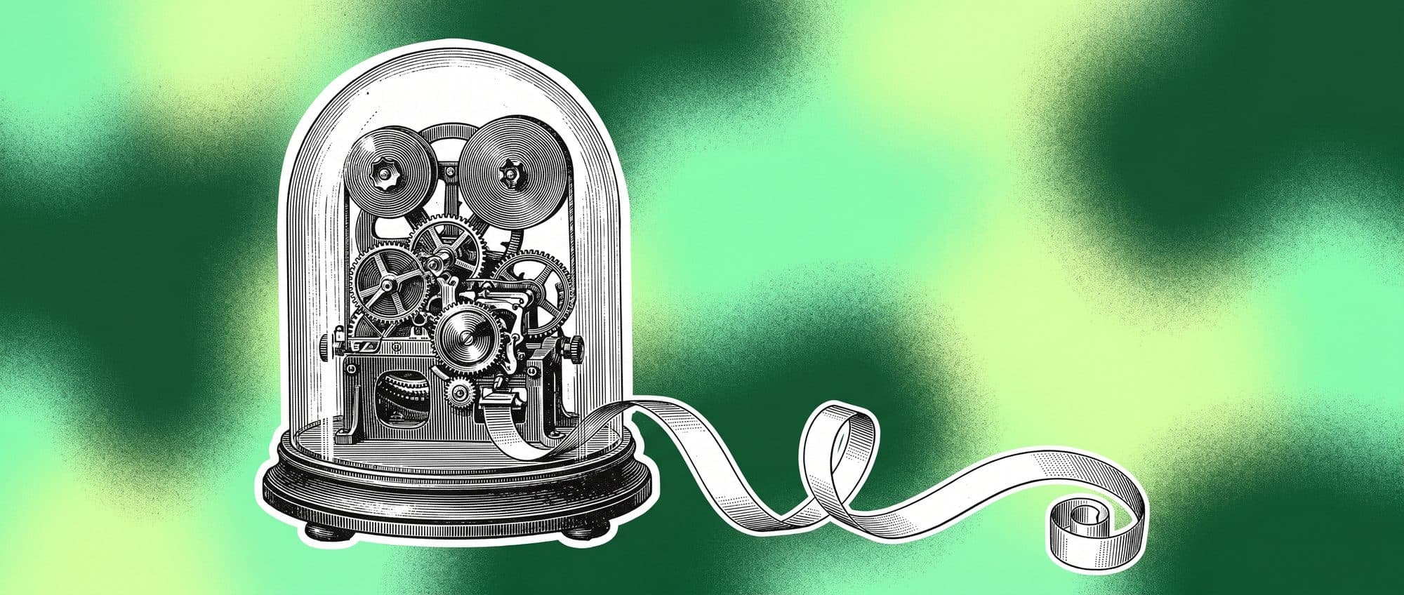 a ticker tape machine under a glass dome, tape running out of it